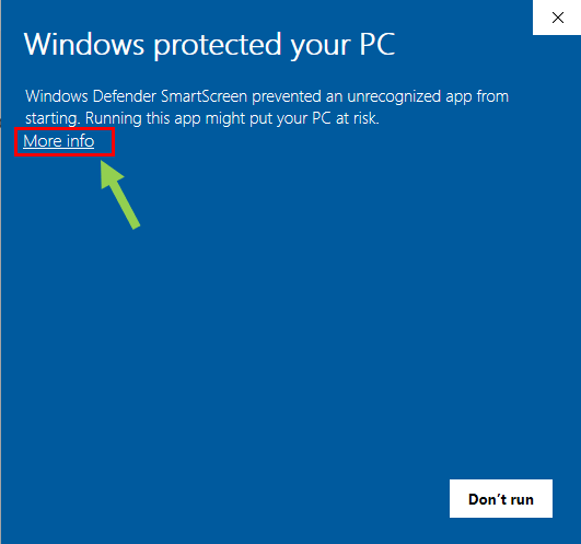 Windows SmartScreen warning with More info highlighted