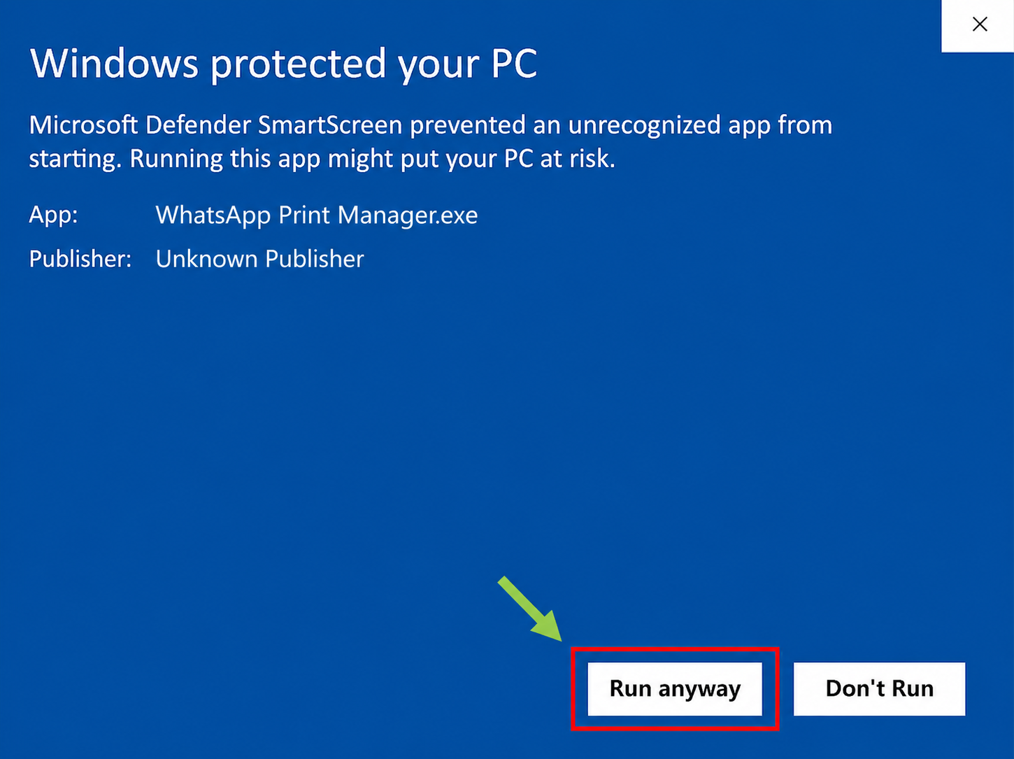 Windows SmartScreen details with Run anyway highlighted